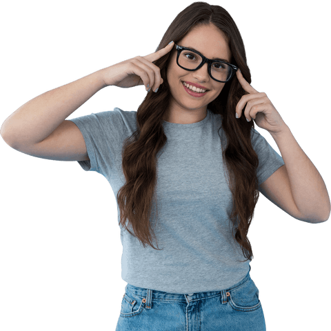 Joyful Caucasian Woman Adjusting Glasses on Transparent Background
