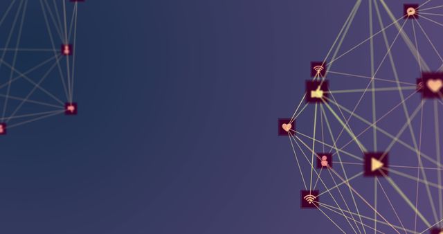 Image of network of connections with icons over violet background. Network connections and technology concept digitally generated image.