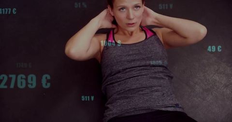 Person Performing Sit-Ups with Futuristic Currency Overlay