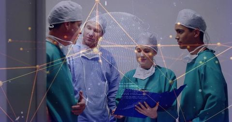 Medical Team Analyzing Holographic Globe in Operating Room