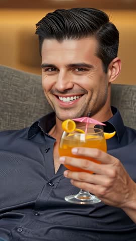 Smiling man toasting with orange cocktail on couch, enjoying relaxation vertical video