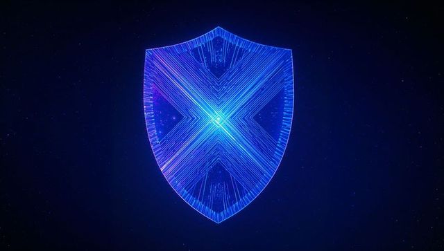 Glowing Neon Shield with Futuristic X Design in Digital Cyberspace