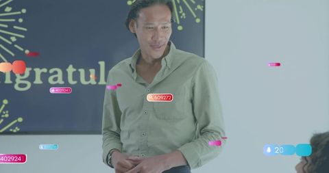 Leader presenting with digital notifications and celebration graphics in office meeting