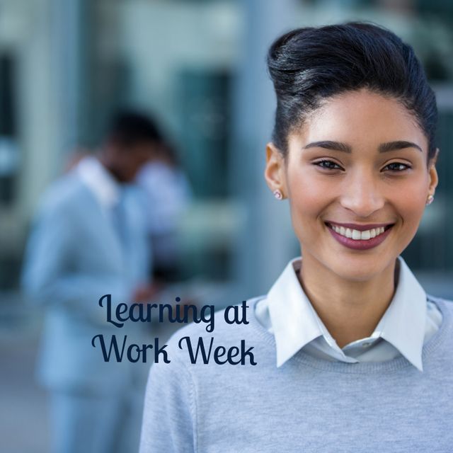 This visual featuring a smiling young businesswoman highlights the spirit of Learning at Work Week. It conveys themes of professional growth and positive workplace atmosphere, making it perfect for corporate communication materials, social media posts endorsing career development, or articles on employee engagement.