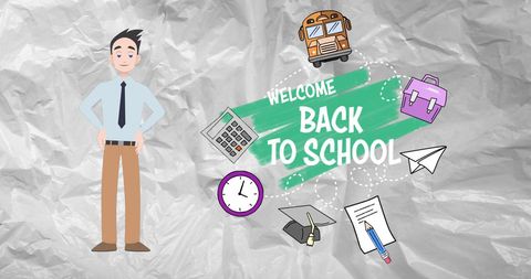 Comic-Style Teacher with Back to School Icons on Crumpled Paper - Download Free Stock Images Pikwizard.com