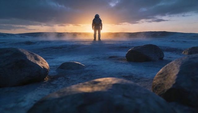 Astronaut standing on icy plain facing sunlit horizon, silhouette exploration scene