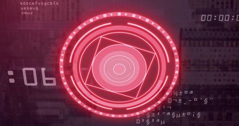 Pulsing red holographic hud with rotating concentric rings, neon geometry, timer and code fragments