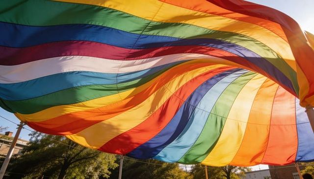Billowing rainbow canopy casting colorful sunlight over urban park for pride events