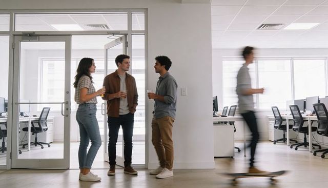 Casual coworkers chatting near glass door while skateboarder passes modern office