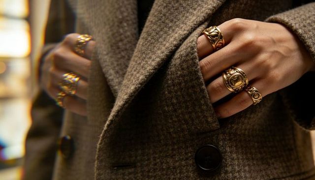 Adjusting checked wool coat with gold statement rings for luxury winter fashion boutique