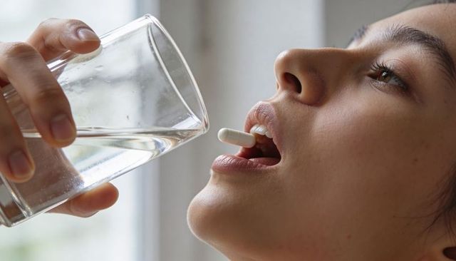 Asian woman taking white capsule with glass of water closeup by window in daylight
