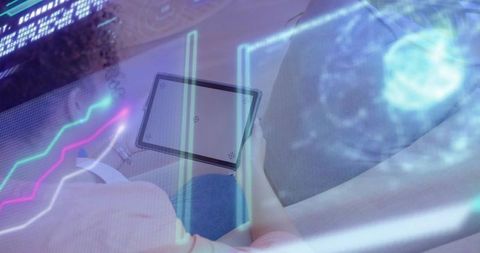 Woman holding tablet viewing augmented reality overlays with futuristic neon analytics
