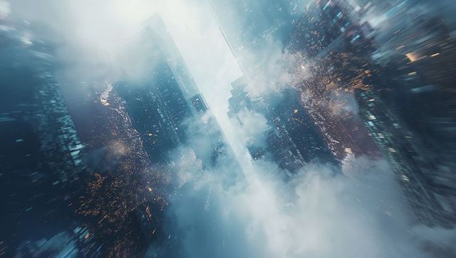 Futuristic Cityscape with Splitting Glowing Chasm in Clouds