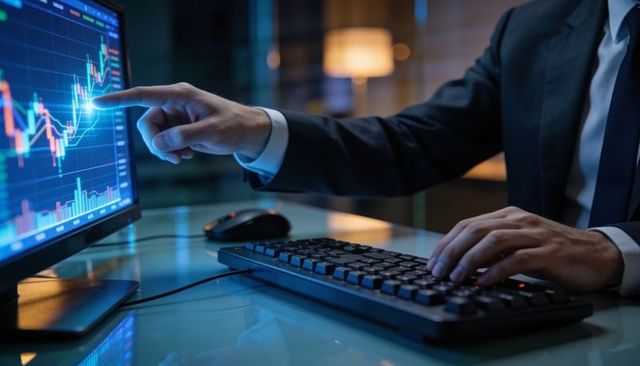 Executive pointing at rising stock chart on trading monitor showing candlestick trends