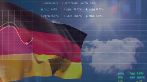 German Flag Submerged in Financial Data Against Sky