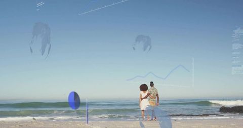 Couple Embracing on Beach with Digital Data Overlay