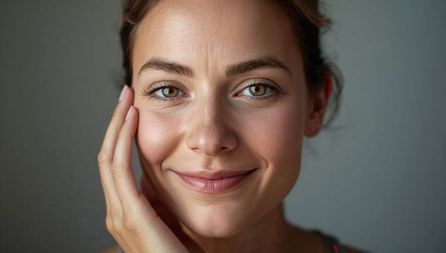 Smiling woman with hazel eyes resting hand on cheek closeup natural skin texture