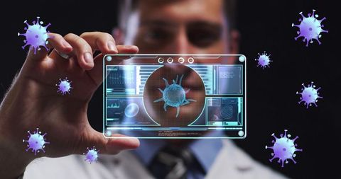 Doctor analyzing virus with futuristic digital display