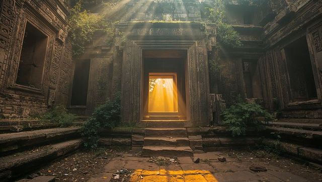 Glowing Ancient Temple Doorway Casting Golden Sunbeams Through Carved Stone Portal