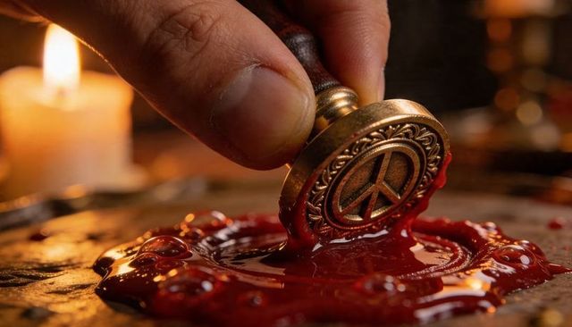 Pressing ornate brass seal with peace symbol into red wax by candlelight, closeup macro