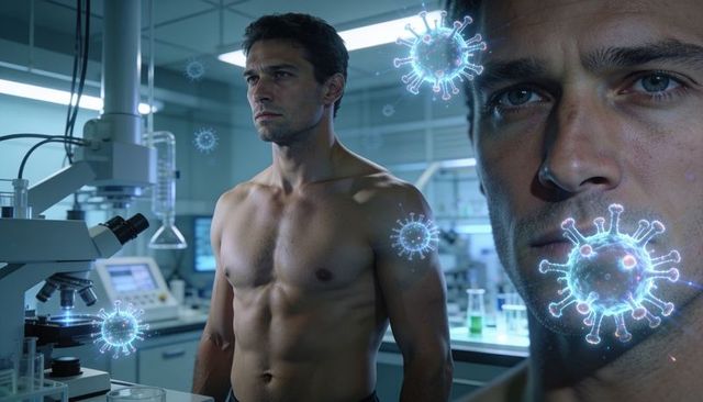 Shirtless research subject standing in high-tech biomedical lab with glowing virus overlays