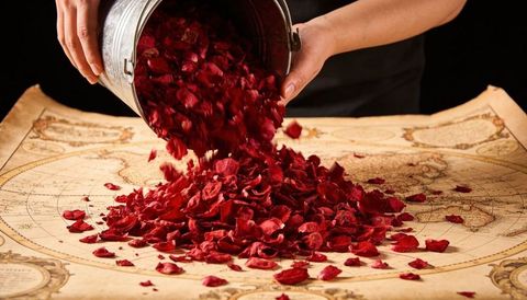 Pouring red rose petals over antique world map for romantic travel, vintage still life