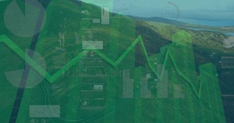 Green data overlaying coastal hills with geospatial line and bar charts for analytics