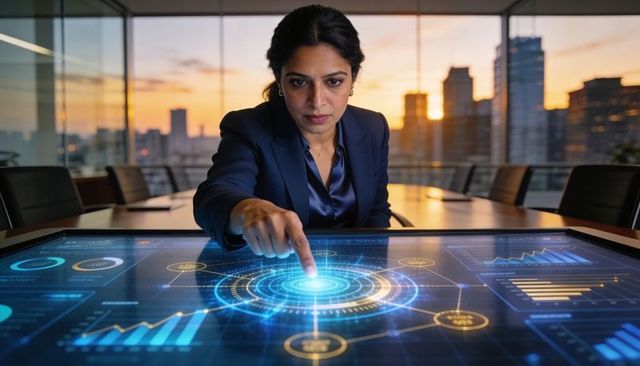 Indian executive leading holographic dashboard on touchscreen in high-rise boardroom dusk