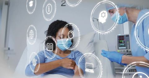 Nurse administering bedside injection, patient preparing arm with augmented reality icons