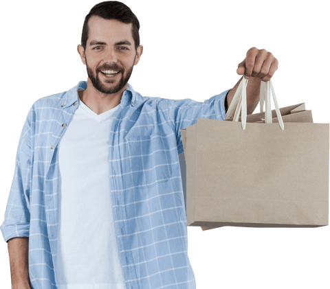 Smiling man holding shopping bags on transparent background