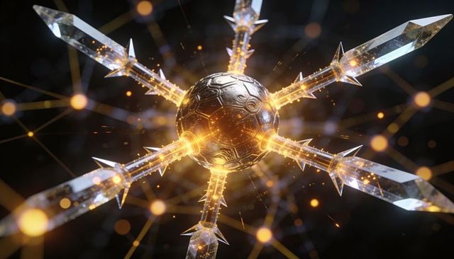 Radiating futuristic metallic orb emitting golden crystal conduits in dark abstract space