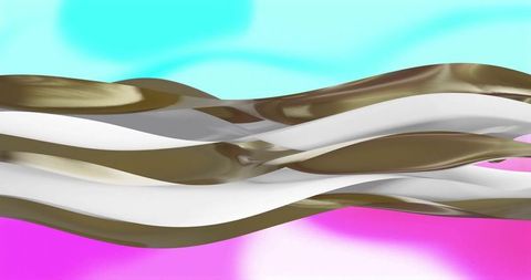 Glossy interlaced ribbons flowing across vibrant pink cyan gradient olive brown white metallic strip