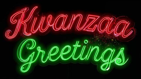 Luminous Neon Kwanzaa Greetings Sign in Red and Green Cursive Script with Sparks
