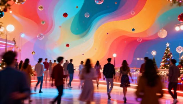 Festive crowd walking in rainbow atrium with disco lights, holiday trees and ornaments