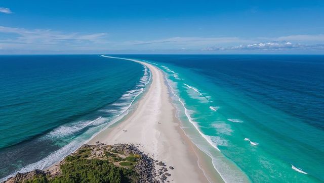 Long Narrow Sandbar Stretching to Horizon with Turquoise Waves and Rocky Headland