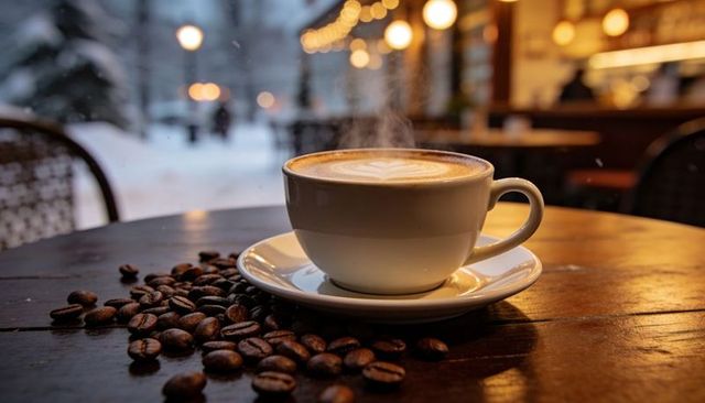 Steaming Latte with Heart Latte Art on Rustic Table with Coffee Beans and Warm Cafe Lights