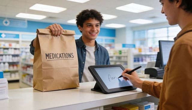 Smiling customer receiving medications bag at pharmacy counter while signing on tablet with stylus