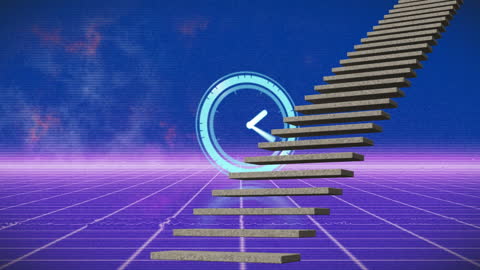 Futuristic Glitch Effect with Neon Clock and Stairs