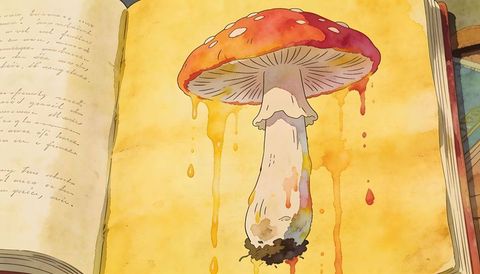 Watercolor mushroom illustration open journal yellow drips handwritten cursive notes botany