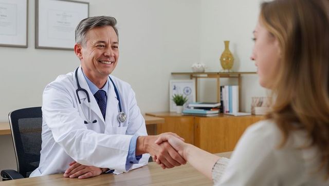 Smiling Physician Shaking Patient Hand During Clinic Consultation Building Trust and Care