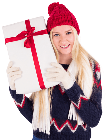 Smiling Woman Holding Gift Box with Red Ribbon Isolated on Transparent Background
