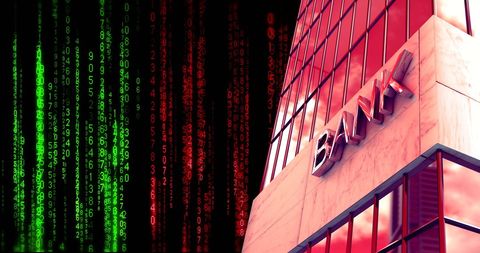Modern bank with digital code overlay symbolizing fintech innovation