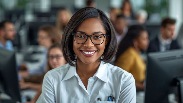 Confident black professional smiling in modern open-plan office for team collaboration