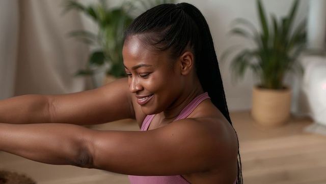Smiling woman stretching arms forward during home yoga with potted plants