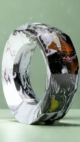 Rotating Metallic Torus Sculpture Spinning Clockwise on Green Surface Vertical Abstract Motion Loop