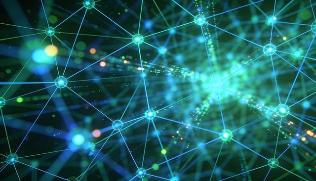 Pulsing 3d network lattice connecting glowing nodes, particle trails, futuristic data flow