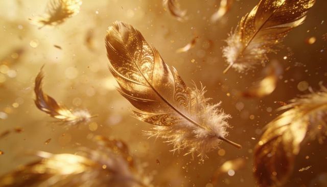 Drifting ornate golden feather with glittering barbs and floating bokeh particles