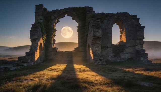 Moonlit ruin arch framing full moon over misty moorland with long shadow path