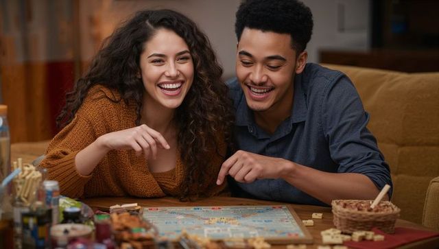 Young couple playing word game at home laughing and pointing at letter tiles during cozy evening