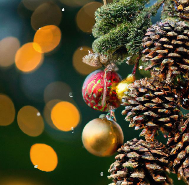 Close up of christmas decorations with pines and baubles on blurred background. Christmas, tradition and celebration concept.